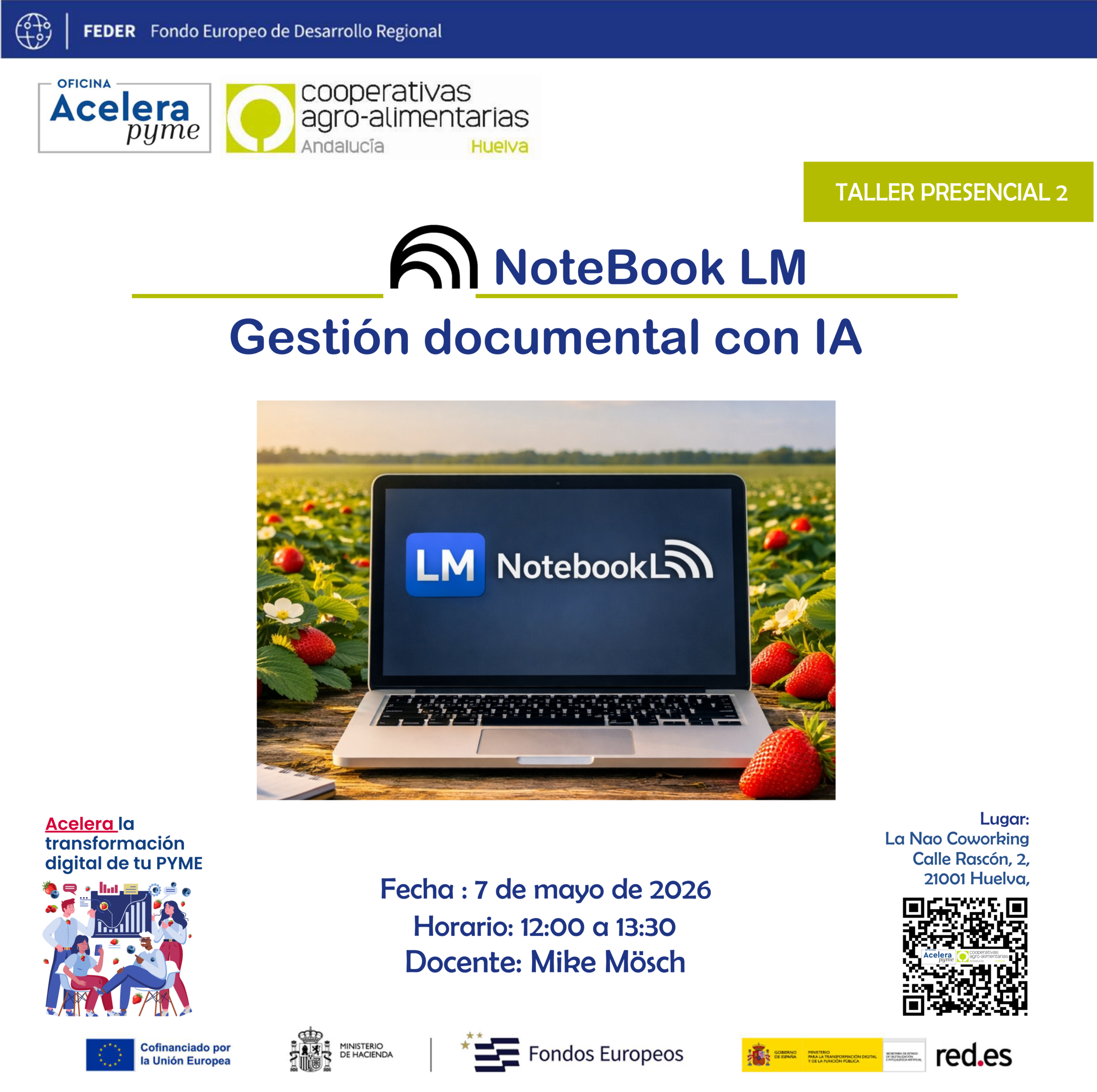 Taller NoteBook LM sobre gestión documental con inteligencia artificial, con fecha, horario y lugar del evento organizado por la Oficina Acelera Pyme Huelva