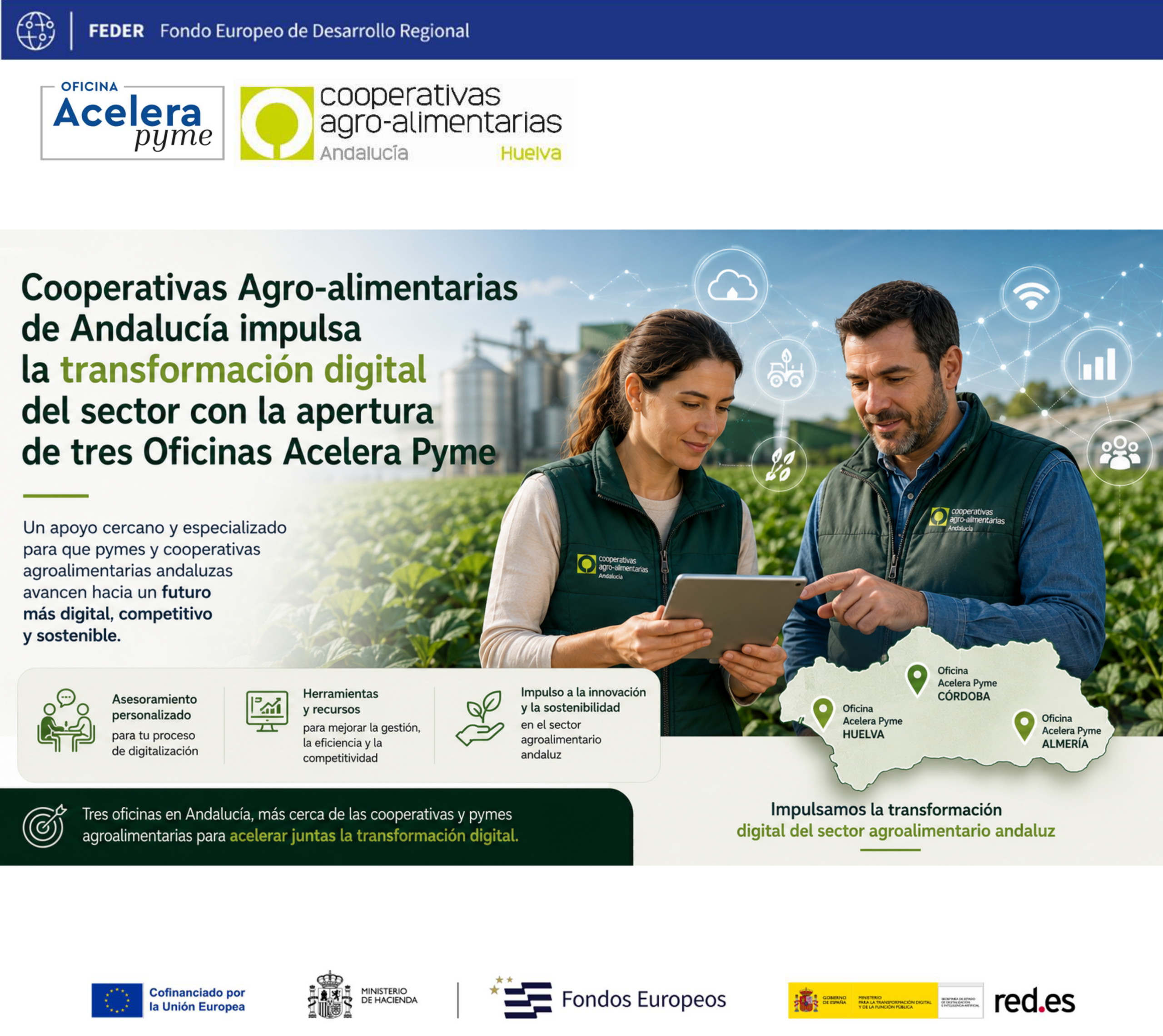 Cooperativas Agro-alimentarias de Andalucía impulsa la transformación digital del sector con la apertura de tres Oficinas Acelera Pyme. oap huelva coops agro